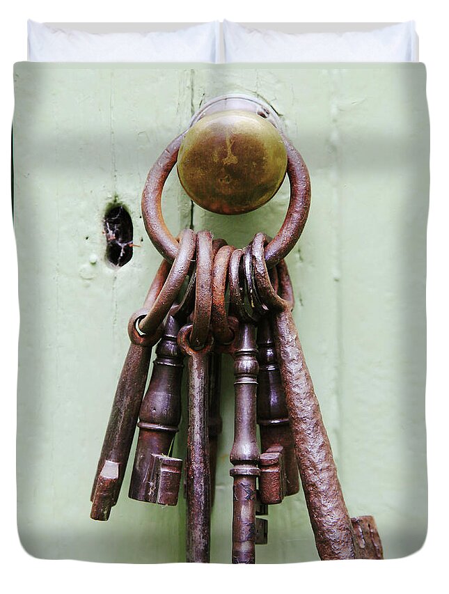 Hanging Duvet Cover featuring the photograph A Bunch Of Old, Chunky Keys On A Ring by Kathy Collins