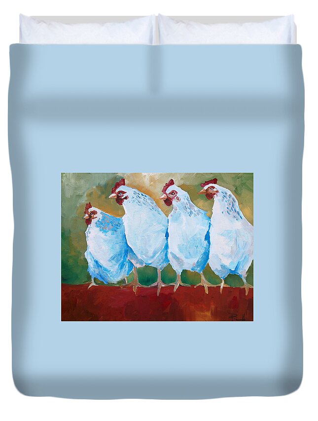 Animal Duvet Cover featuring the painting A bunch of old clucking hens by Sean Parnell