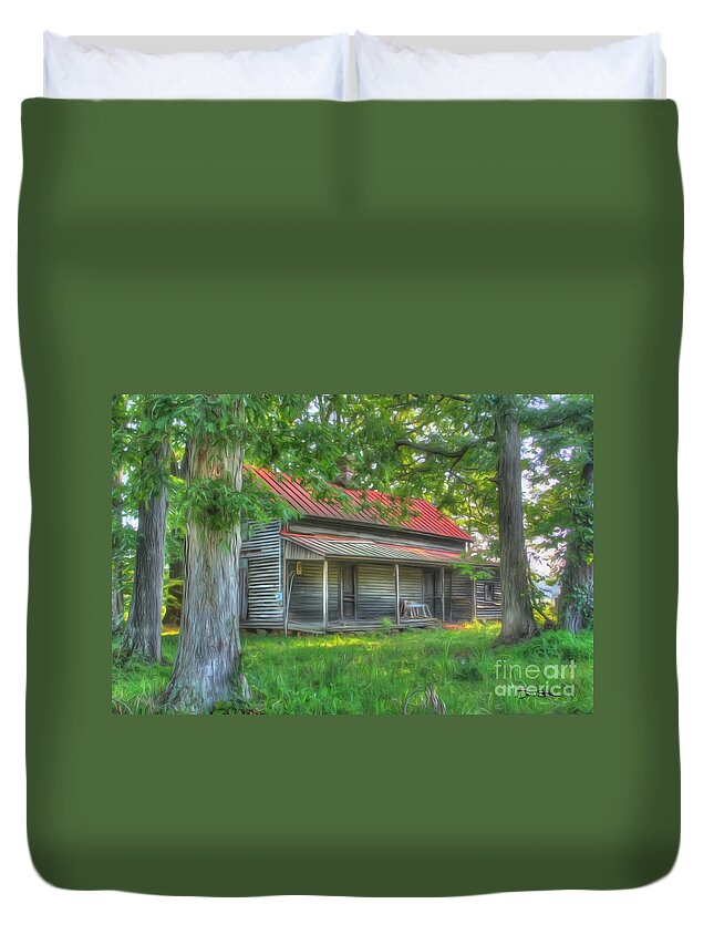 Exterior Duvet Cover featuring the digital art A Cabin In The Woods by Dan Stone