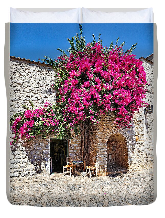 Areopolis Duvet Cover featuring the photograph A cafe in Areopolis - Greece by Constantinos Iliopoulos