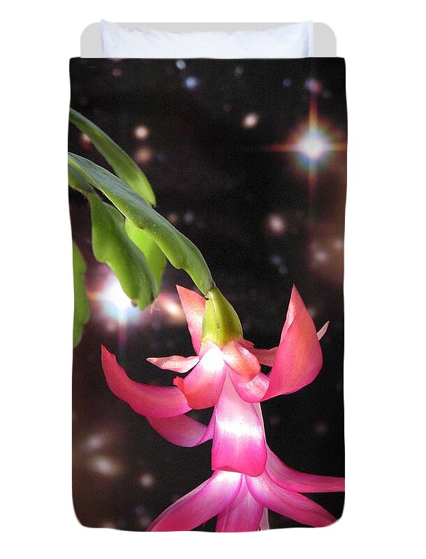 Pink Christmas Cactus Duvet Cover featuring the photograph A Christmas Cactus On The Windowsill by Angela Davies