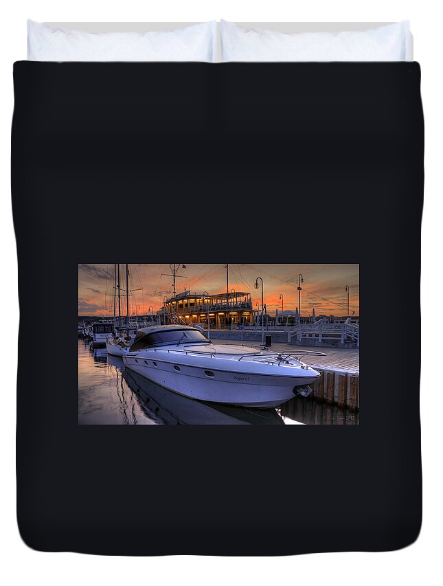 Baltic Sea Coast Duvet Cover featuring the photograph A Cool Motorboat Yacht in Sopot Marina by Julis Simo