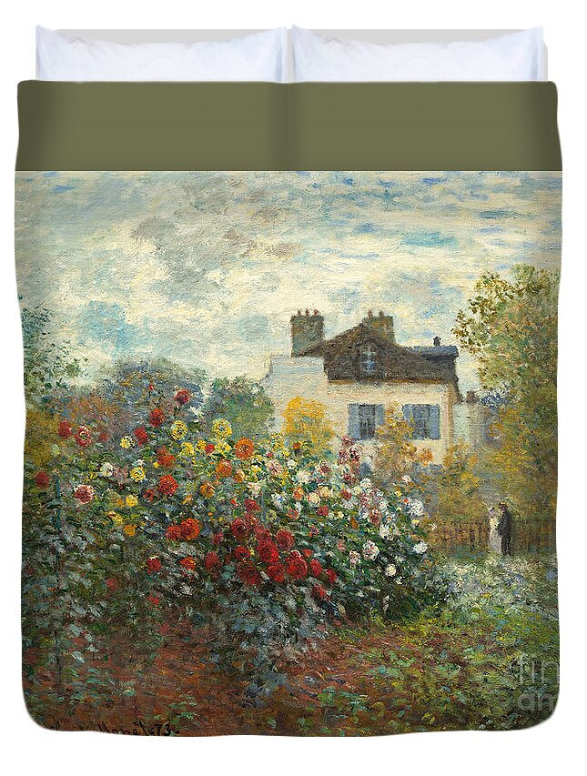 French Duvet Cover featuring the painting A Corner of the Garden with Dahlias by Claude Monet