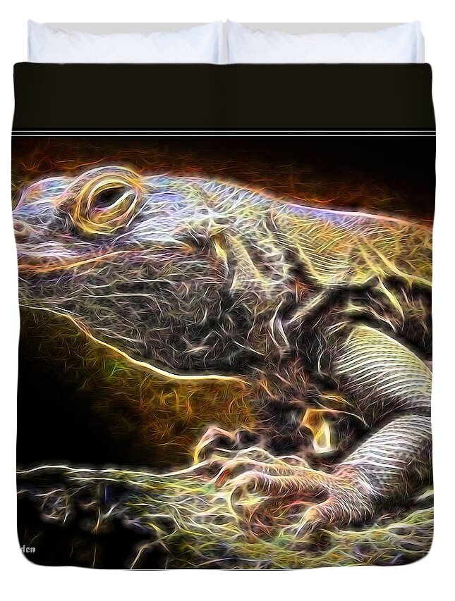 Cosmic Duvet Cover featuring the painting A Cosmic Lizard by Jon Volden