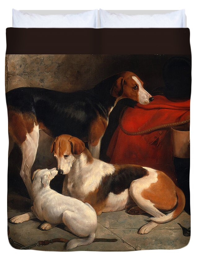 William Barraud Duvet Cover featuring the painting A Couple of Foxhounds with a Terrier the property of Lord Henry Bentinck by William Barraud