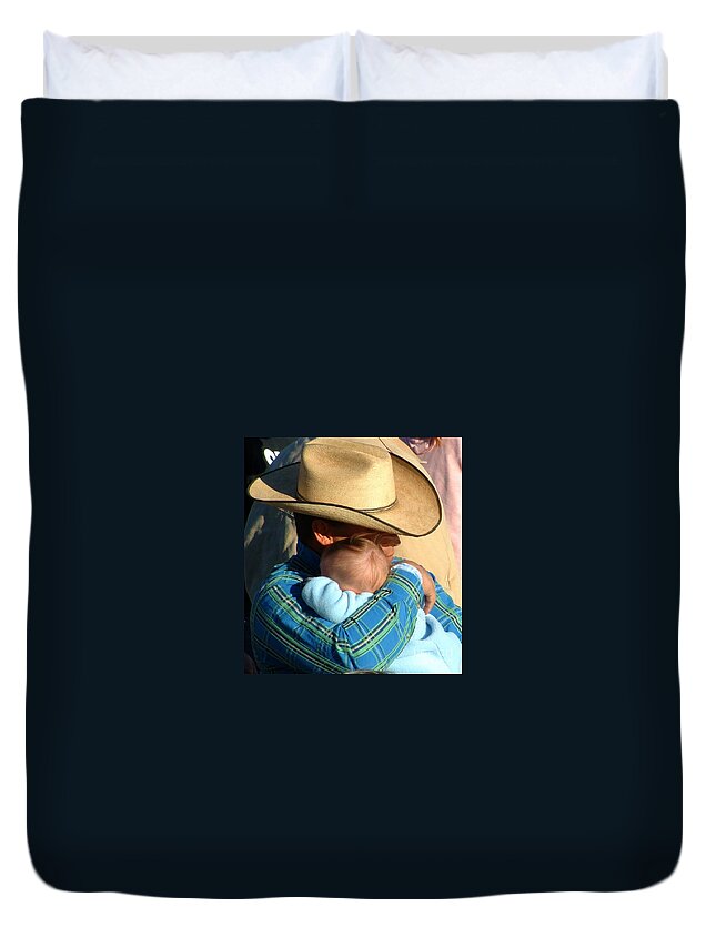 Cowboy With Baby Duvet Cover featuring the photograph A Cowboy's Love by Marilyn Smith