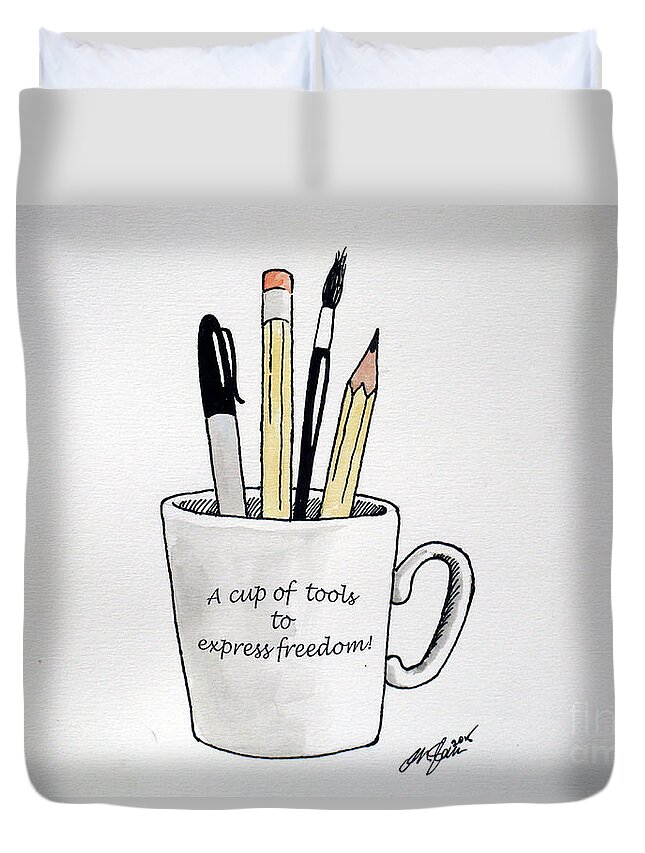 Christopher Shellhammer Duvet Cover featuring the drawing A cup of tools to express freedom by Christopher Shellhammer