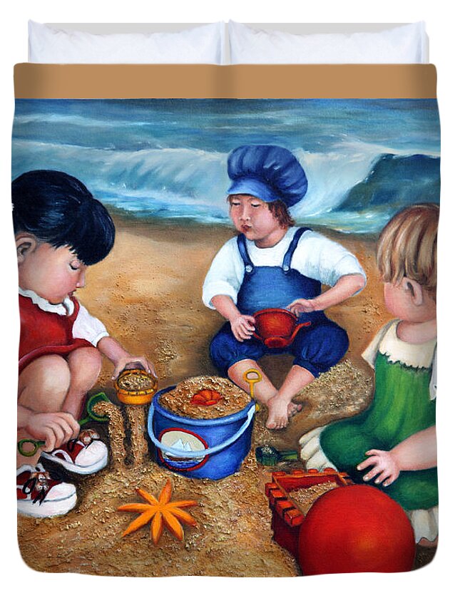 Kids Duvet Cover featuring the painting A Day at the Beach by Portraits By NC