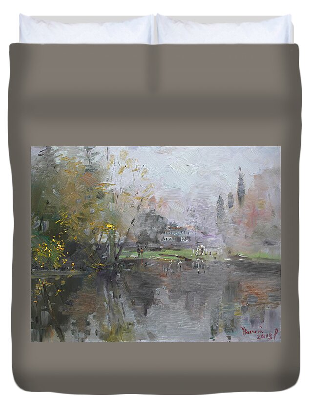 Foggy Duvet Cover featuring the painting A Foggy Fall Day by the Pond by Ylli Haruni