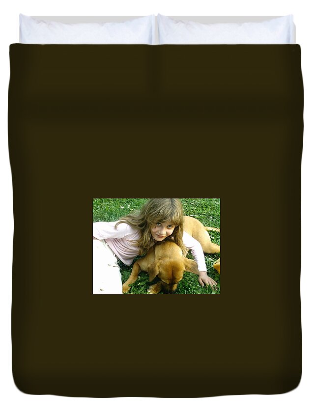 Duvet Cover featuring the photograph A Girl and Her Dog by Kelly Awad