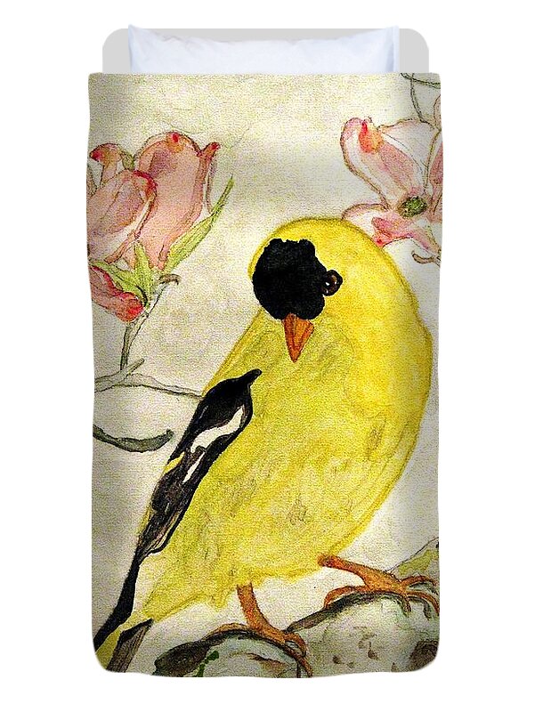 North American Goldfinch Duvet Cover featuring the painting A Goldfinch Spring by Angela Davies