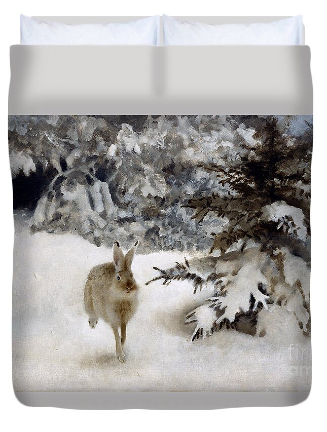 Hare Duvet Cover featuring the painting A Hare in the Snow by Bruno Andreas Liljefors