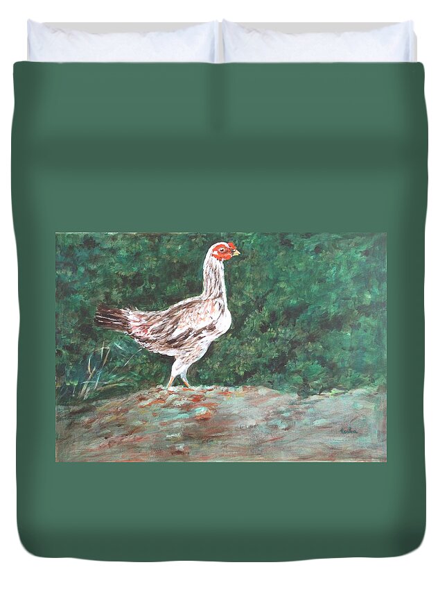 Hen Duvet Cover featuring the painting A Hen by Usha Shantharam