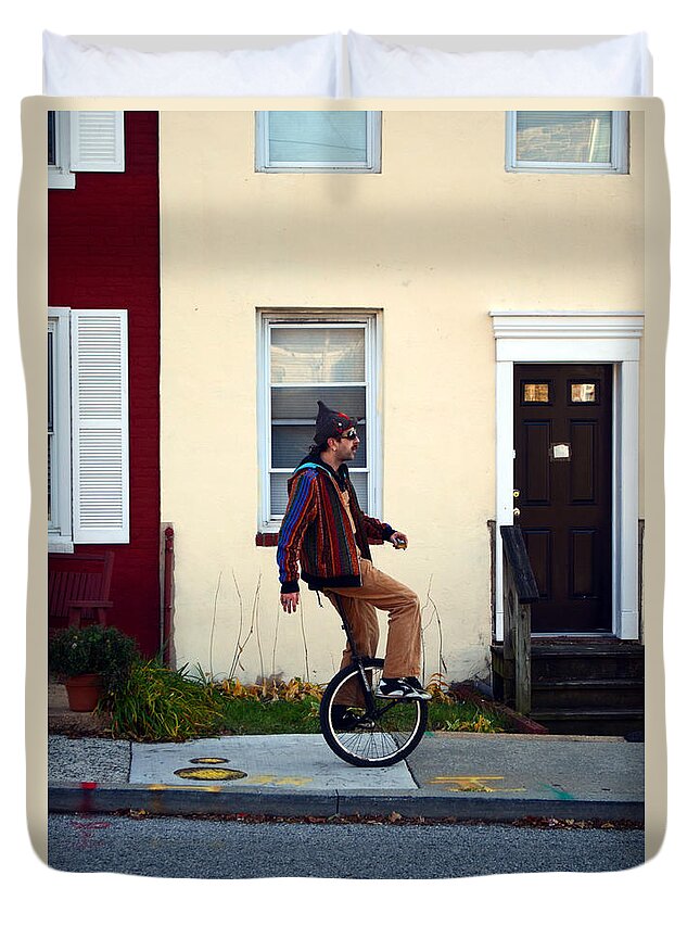 Baltimore Duvet Cover featuring the photograph A Lesson in Unicycle by La Dolce Vita