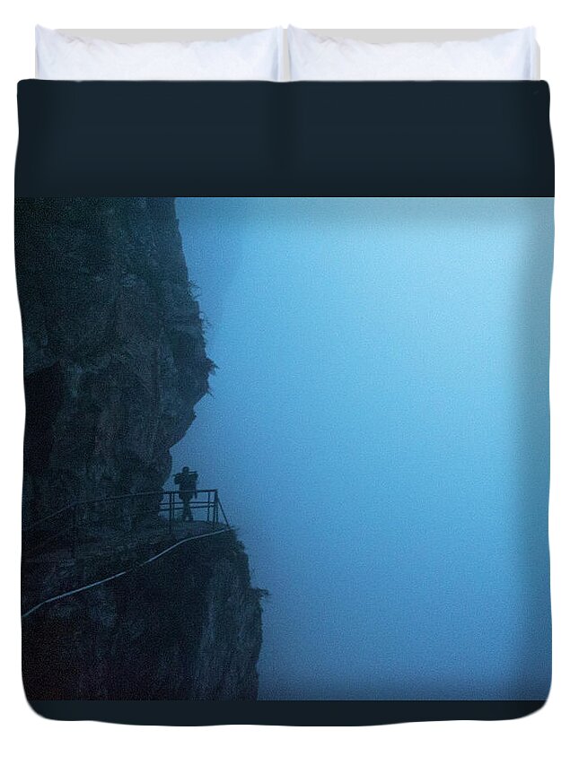 Academy Duvet Cover featuring the photograph A Lone Hiker Makes A Pilgramage To See by xPACIFICA