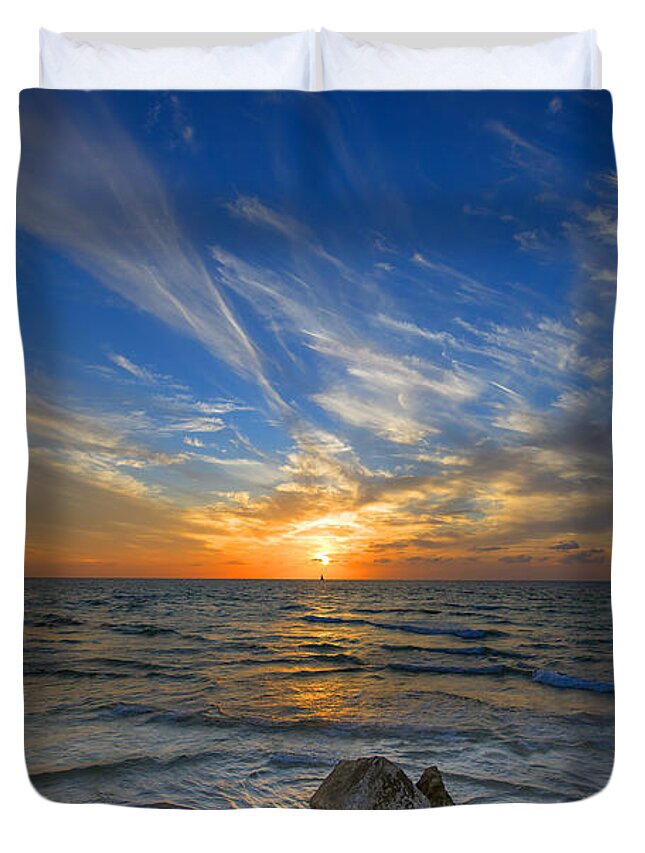 Israel Duvet Cover featuring the photograph A Majestic Sunset At The Port by Ron Shoshani