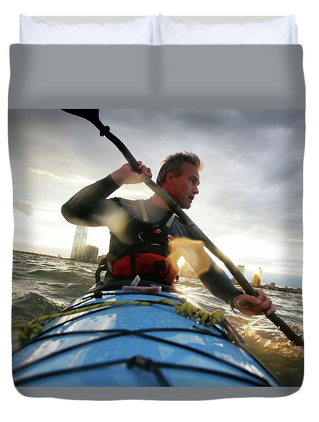 Action Duvet Cover featuring the photograph A Nab Sea Kayaks Around Manhattan, New by Olivier Renck