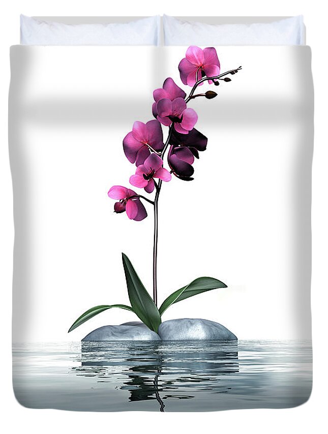 White Background Duvet Cover featuring the photograph A Pink Orchid On A Rock In The Water by Artpartner-images