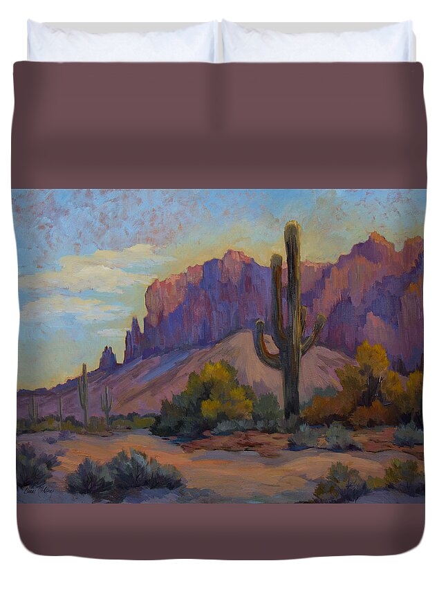Arizona Duvet Cover featuring the painting A Proud Saguaro at Superstition Mountain by Diane McClary