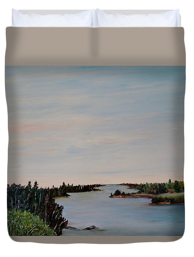 Manigotagan River Duvet Cover featuring the painting A river shoreline by Marilyn McNish