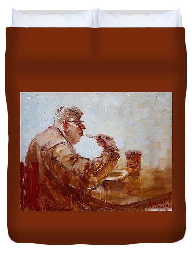 Tim Hortons Duvet Cover featuring the painting A Soupe Break at Tim Hortons by Ylli Haruni