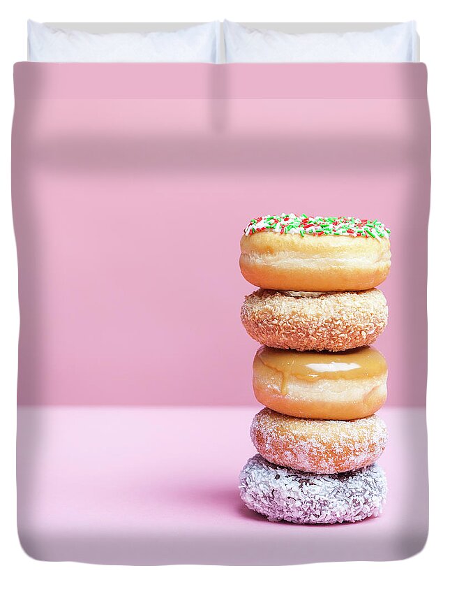 Five Objects Duvet Cover featuring the photograph A Stack Of Various Donuts by Steven Errico