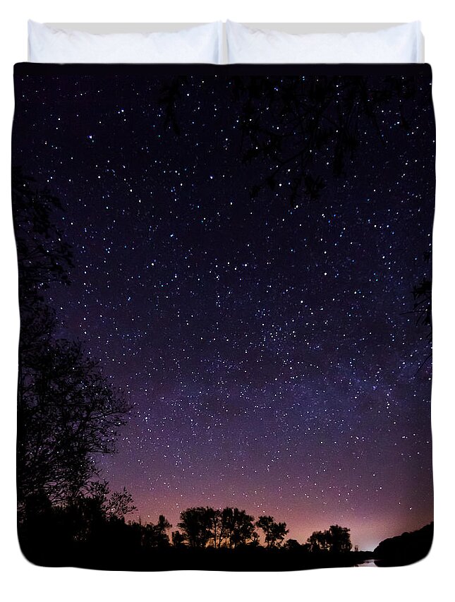 1x1 Duvet Cover featuring the photograph a starry night at the Inn by Hannes Cmarits