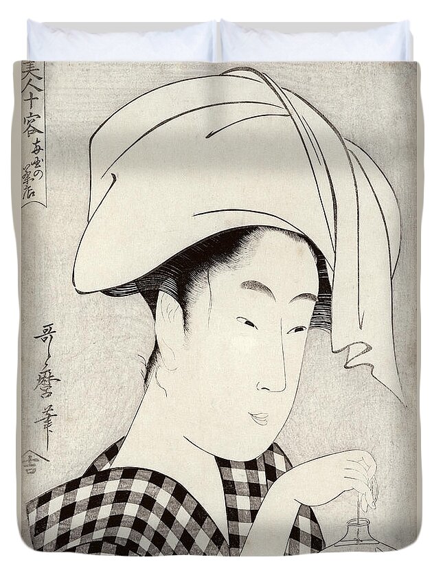 Female Duvet Cover featuring the painting A Tea-house In Ryogoku, From The Series Bijin Juyo Ten Female Figures by Kitagawa Utamaro