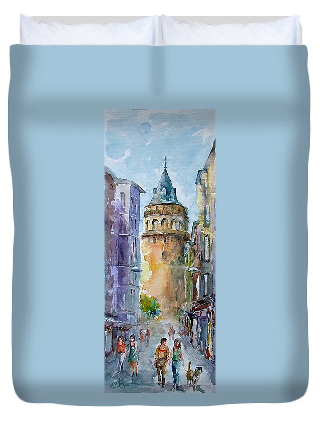 Tower Duvet Cover featuring the painting A walk around Galata Tower - Istanbul by Faruk Koksal