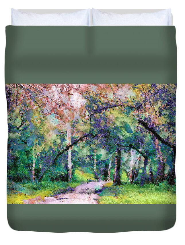A Walk Inside The Rainbow Forest Duvet Cover featuring the mixed media A Walk Inside The Rainbow Forest by Priya Ghose