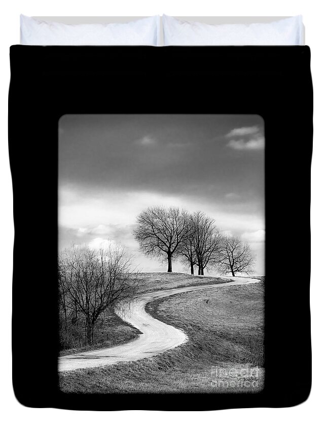 Winding Country Road Duvet Cover featuring the photograph A Winding Country Road in Black and White by Imagery by Charly