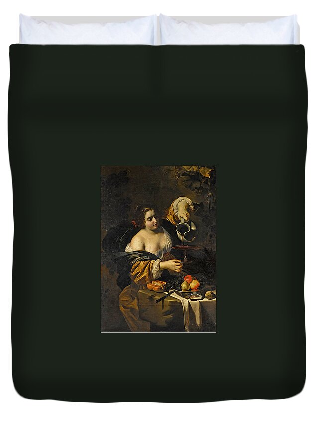 Nicolas Regnier Duvet Cover featuring the painting A young woman pouring red wine from a pitcher into a glass by Nicolas Regnier