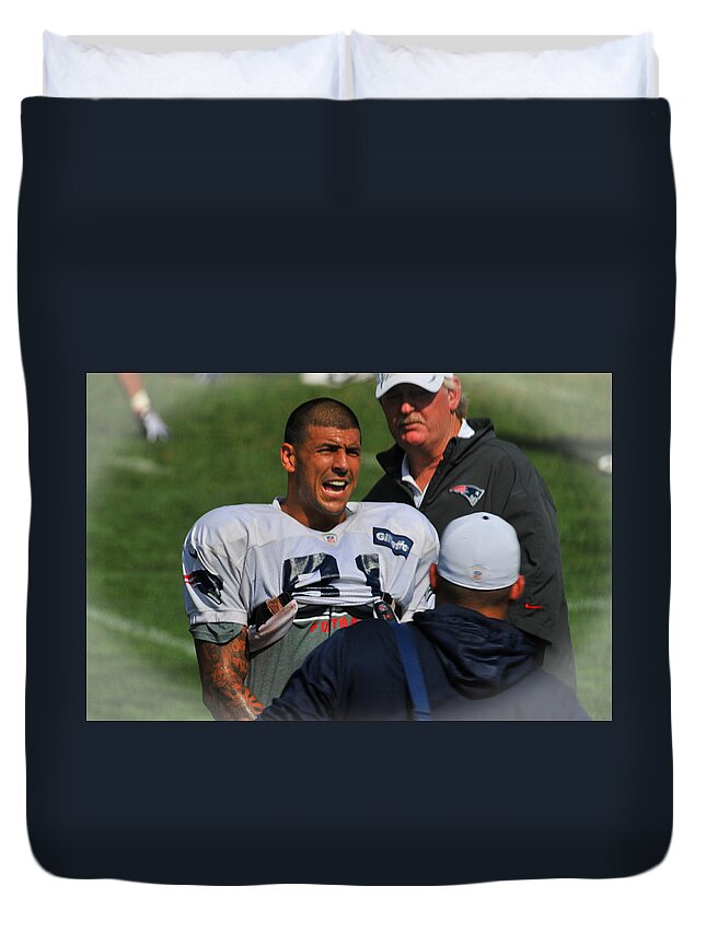 Patriot Duvet Cover featuring the photograph Aaron Hernandez with Patriots Coaches by Mike Martin
