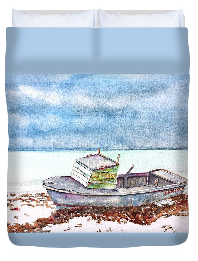 Boat Duvet Cover featuring the painting Abandoned Beached Wood Boat by Carlin Blahnik CarlinArtWatercolor