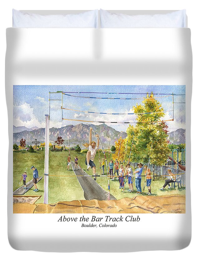 Pole Vaulting Painting Duvet Cover featuring the painting Above the Bar Track Club Poster by Anne Gifford