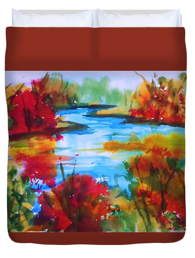Autumn Duvet Cover featuring the painting Abstract - Autumn Blaze on Catskill Creek by Ellen Levinson