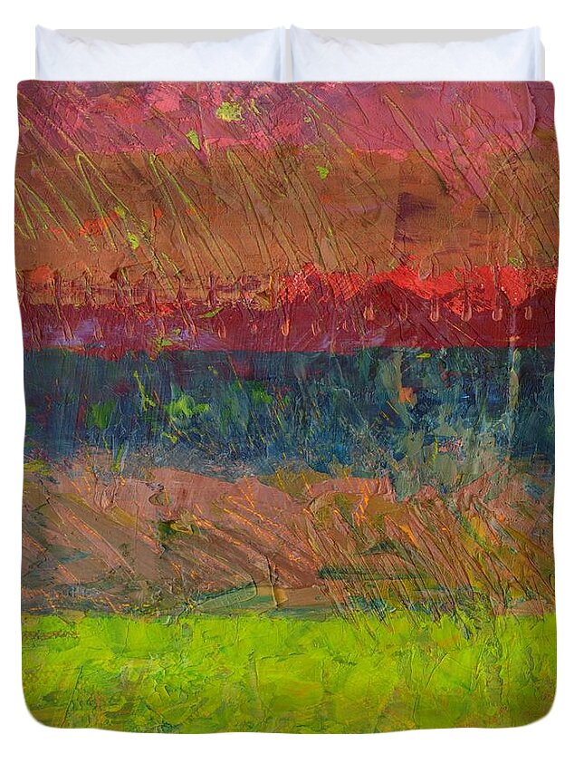 Stripes Duvet Cover featuring the painting Abstract Landscape Series - Lake and Hills by Michelle Calkins