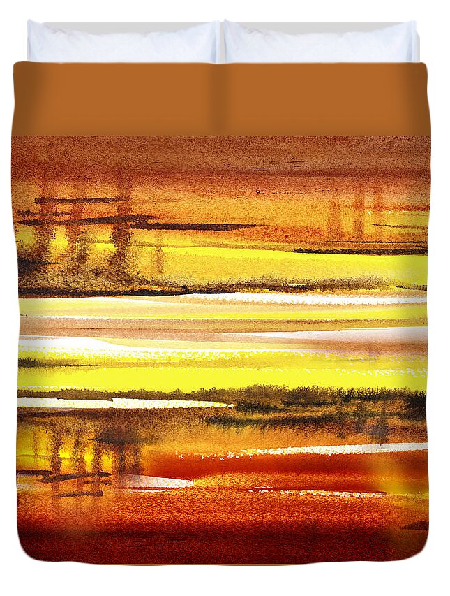 Yellow Abstract Duvet Cover featuring the painting Abstract Landscape Warm Reflections by Irina Sztukowski