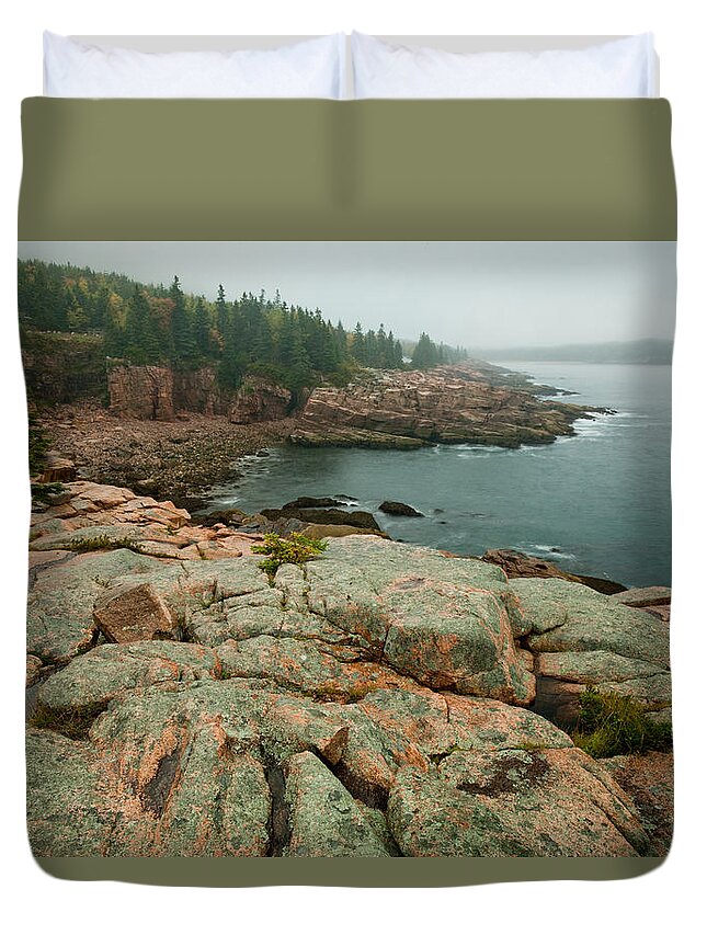 Landscape Duvet Cover featuring the photograph Acadia Fog at Monument Cove 4343 by Brent L Ander