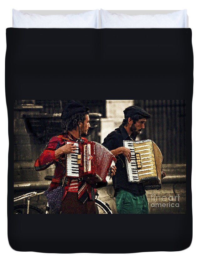 Accordion Players In The Plaza Duvet Cover featuring the digital art Accordion Players in the Plaza by Mary Machare