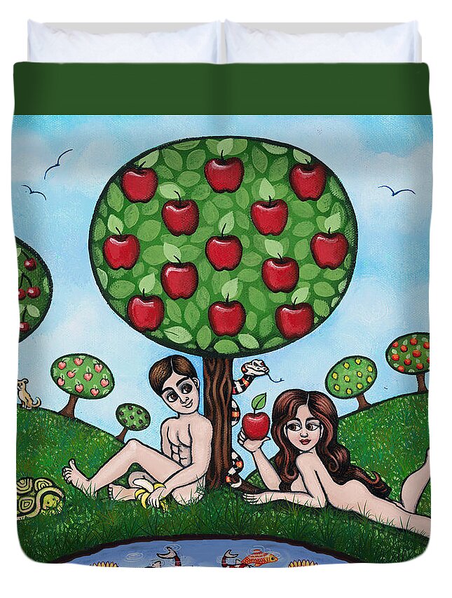 Adam And Eve Duvet Cover featuring the painting Adam and Eve The Naked Truth by Victoria De Almeida