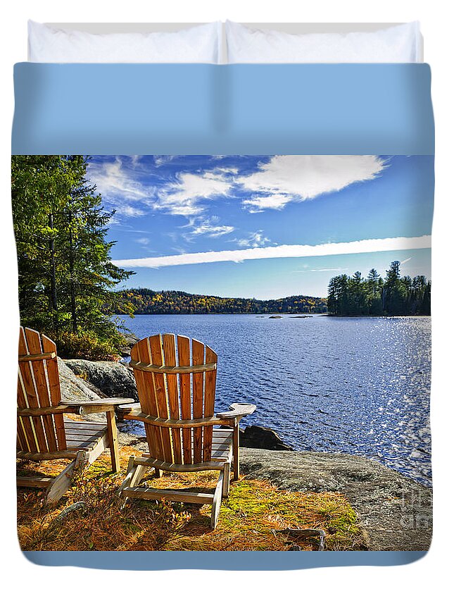 Chairs Duvet Cover featuring the photograph Adirondack chairs at lake shore 1 by Elena Elisseeva