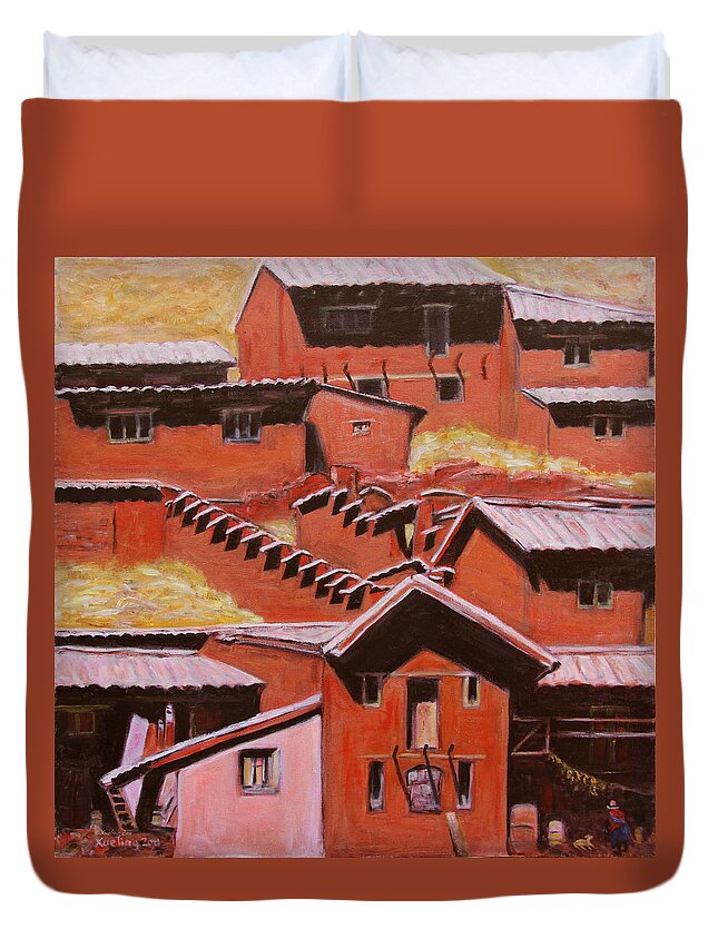 Landscape Duvet Cover featuring the painting Adobe Village - Peru Impression II by Xueling Zou