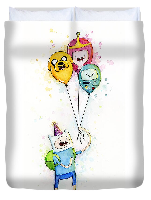 Jake Duvet Cover featuring the painting Adventure Time Finn with Birthday Balloons Jake Princess Bubblegum BMO by Olga Shvartsur