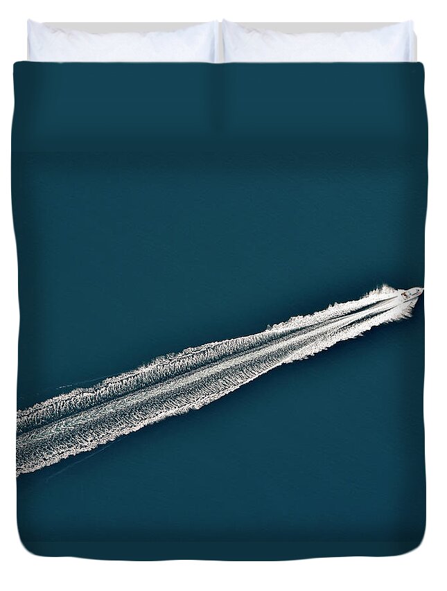 Wake Duvet Cover featuring the photograph Aerial View Of A Speeding Motorboat On by Sami Sarkis