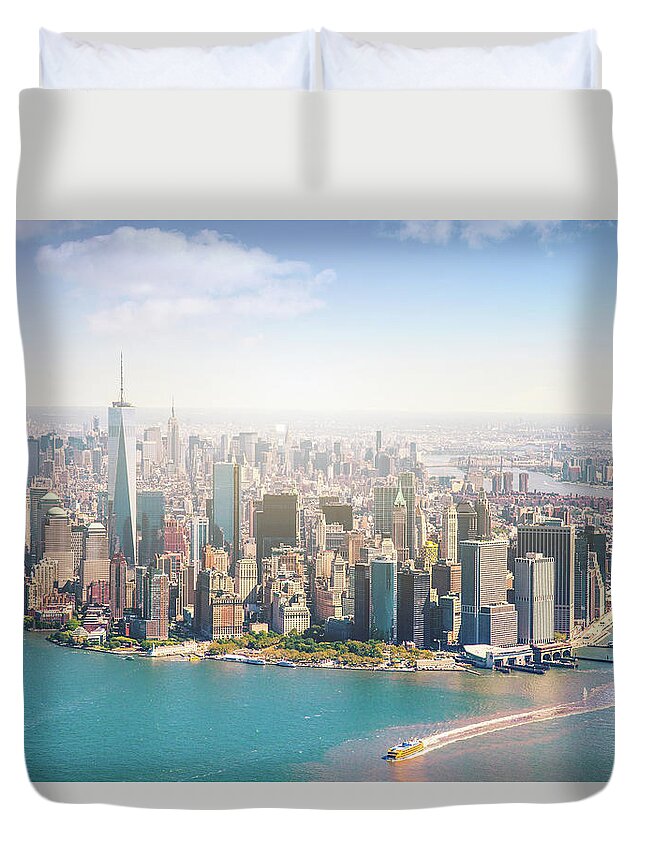 Lower Manhattan Duvet Cover featuring the photograph Aerial View Of Manhattan - New York by Leopatrizi