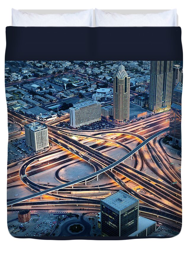 Arabia Duvet Cover featuring the photograph Aerial View On Sheikh Zayed Road, Dubai by Pidjoe