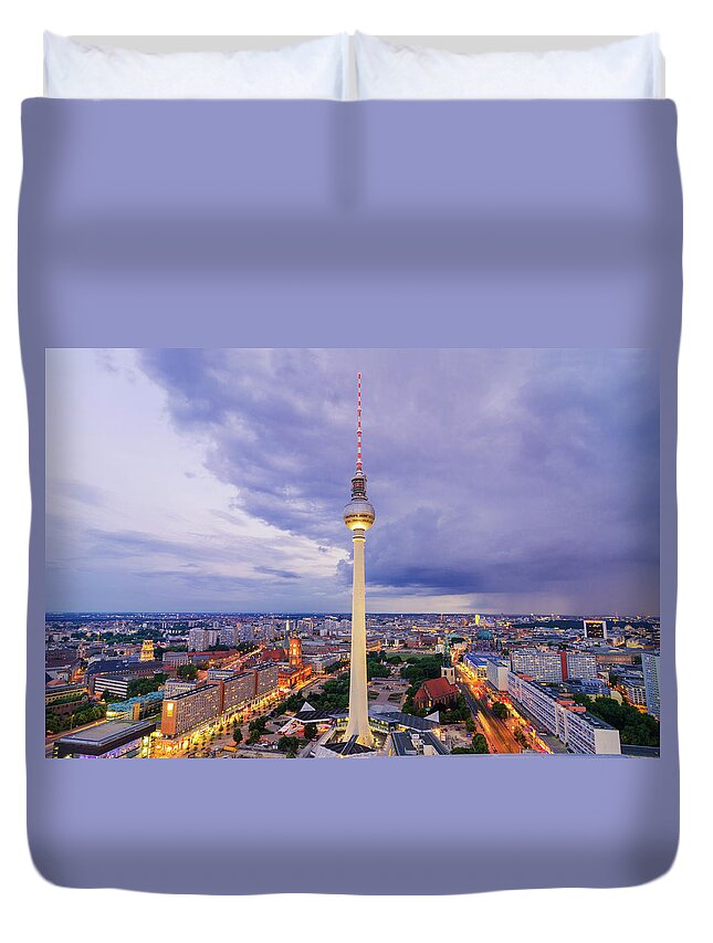Alexanderplatz Duvet Cover featuring the photograph Aerial View On Tv Tower And Cityscape by Juergen Sack