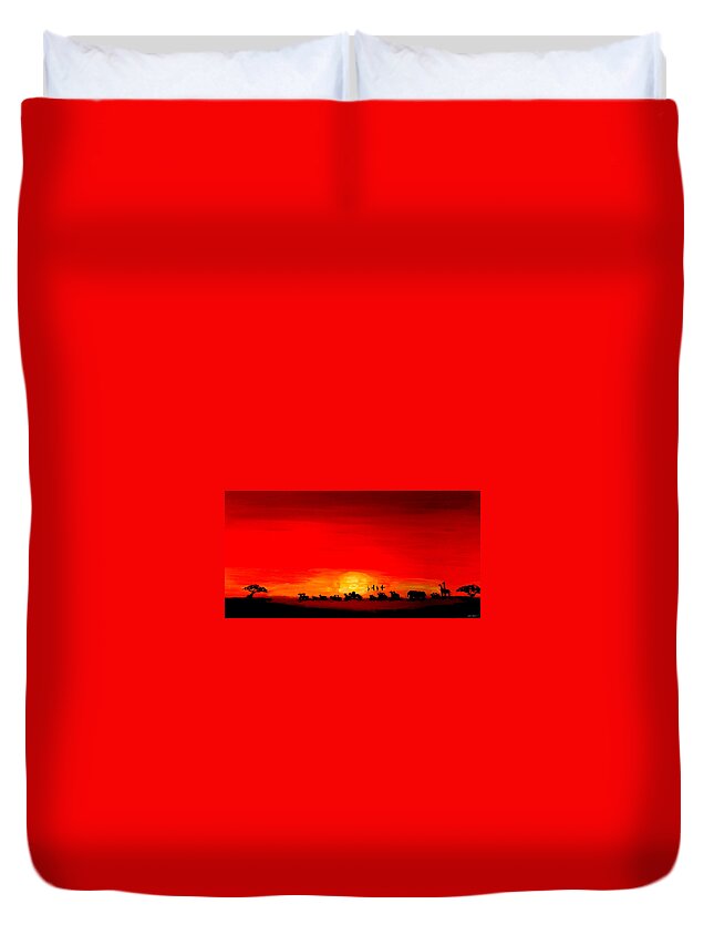 Africa Duvet Cover featuring the painting Africa Sunrise Landscape Red by Katy Hawk
