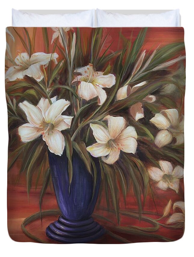 Floral Duvet Cover featuring the painting After Noon Lilies by Mishel Vanderten
